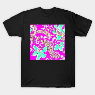 Gold scrolls and turquoise flowers on hot pink T-Shirt